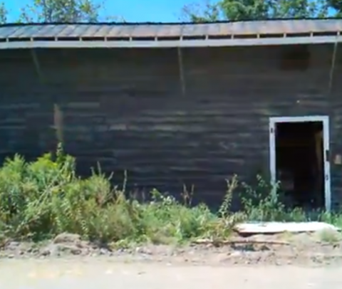 A photo showing a large brown shack, with a missing door and overgrown scrub.