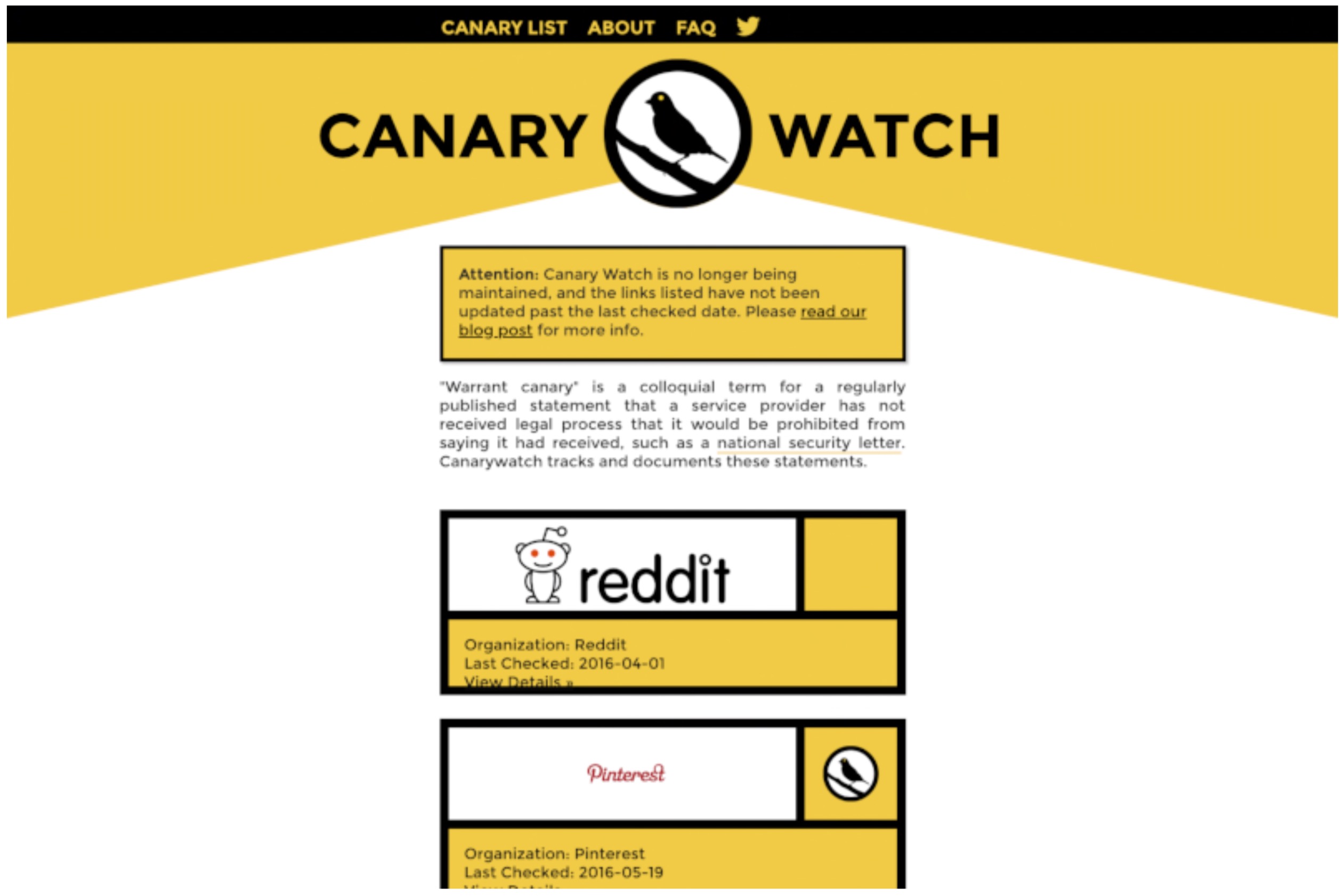 A screen capture of the canary watch website with an attention banner that reads "Attention: Canary Watch is no longer being maintained, and the links listed have not been updated past the last checked date. Please read our blog post for more info."