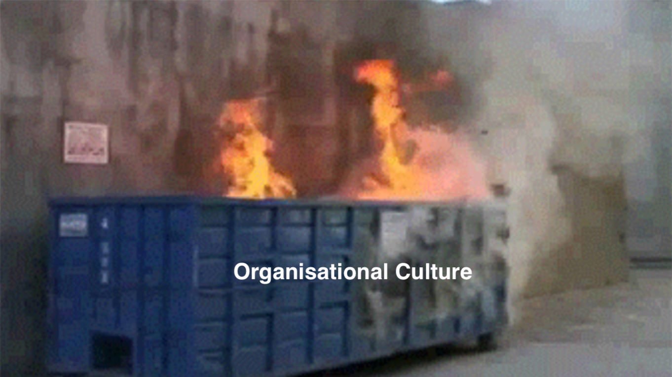 Photo of a dumpster fire, the dumpster is labelled organisational culture.